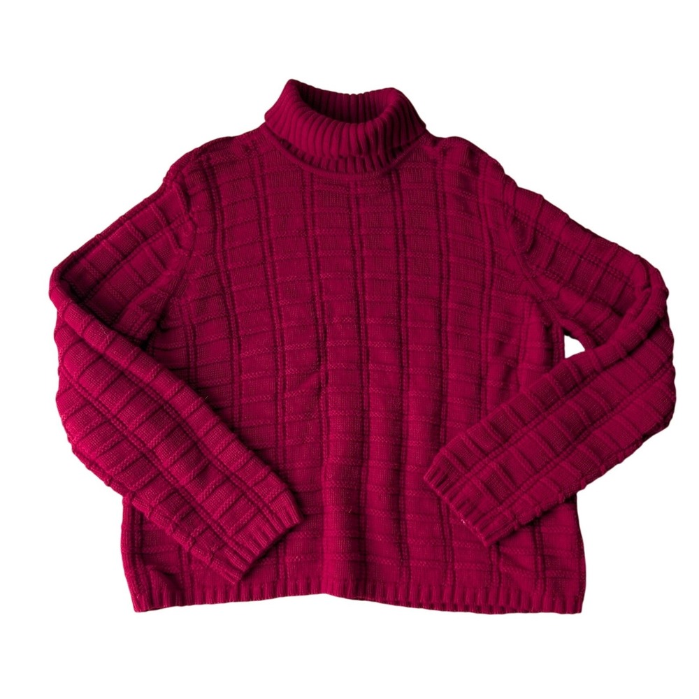 Vtg Liz Claiborne Butter mom Red Textured‎ Grid Turtleneck Sweater Womens Large